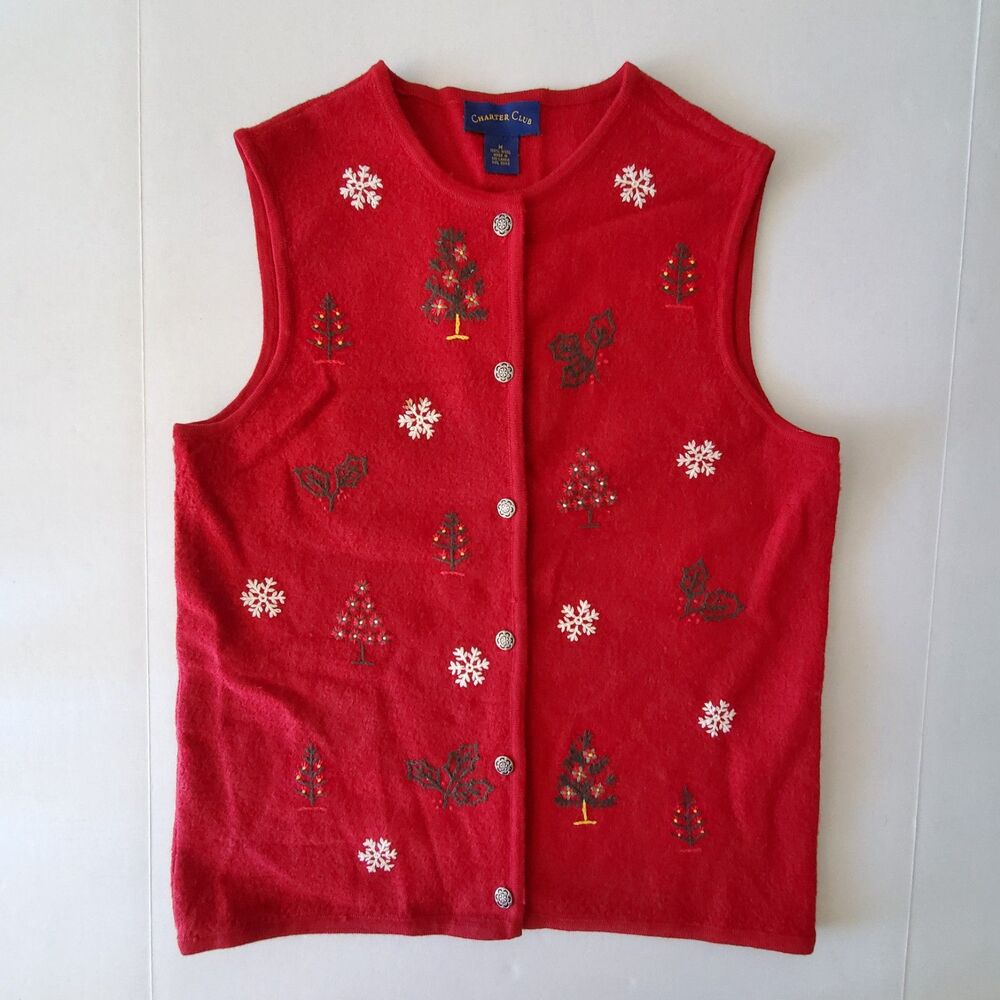 Vintage Wool Christmas Vest Embellished Red Charter Club Sz M Grandmacore Winter